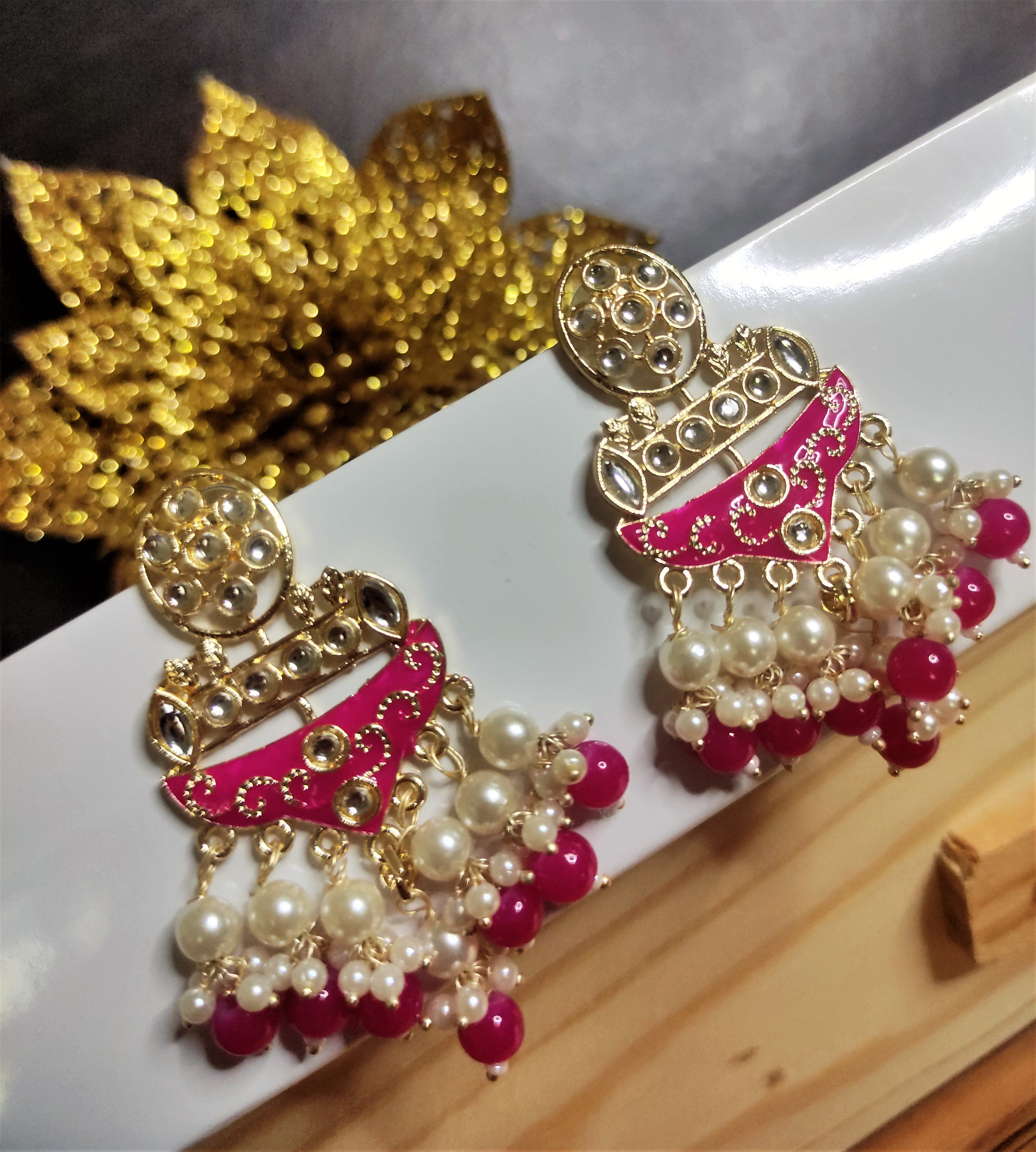 Light weight chandbali dark pink minakari earrings with pearl maatal –  Cherrypick